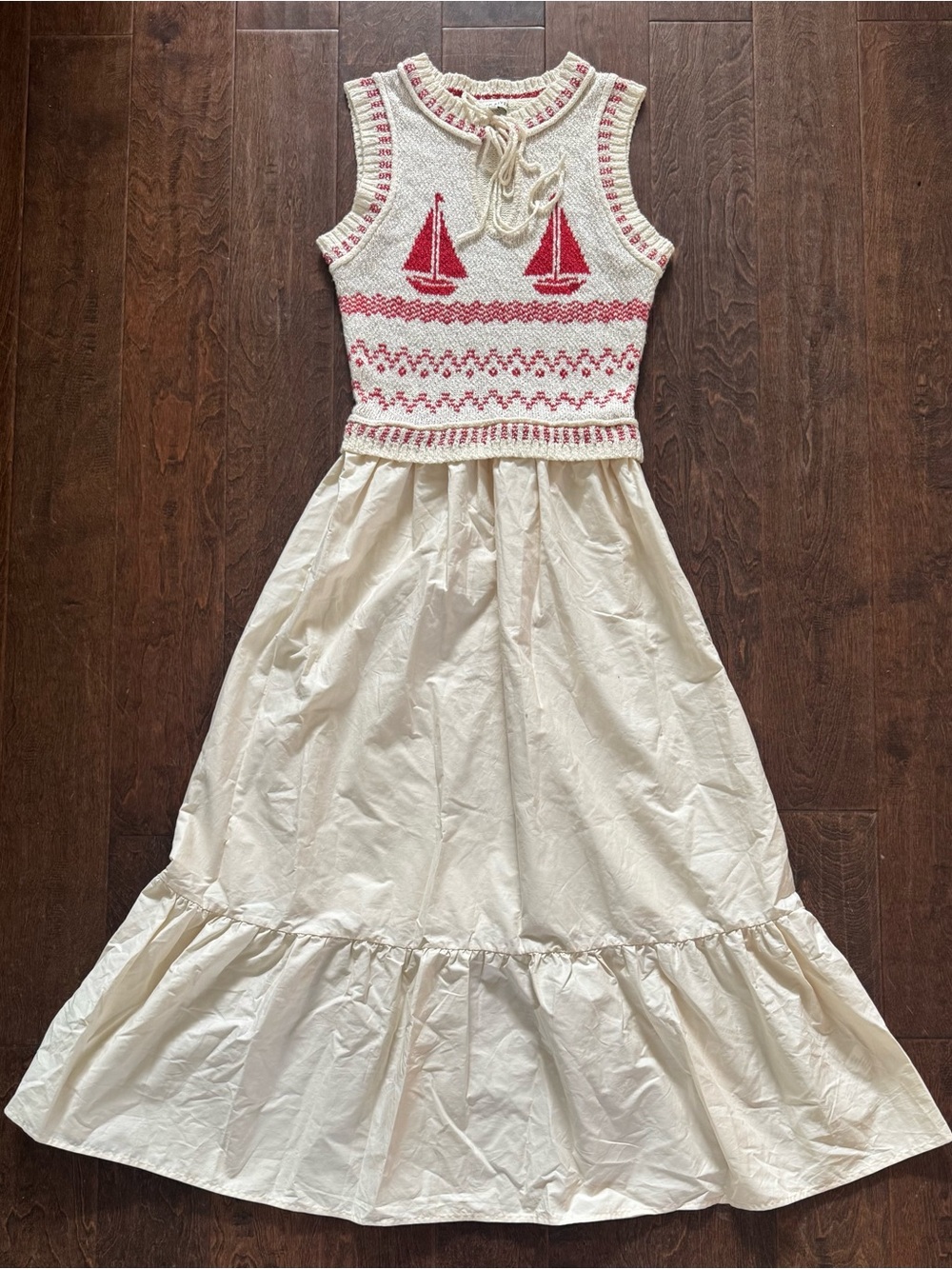 Moon River Cream Maxi Dress with Red Sailboat Knit Bodice